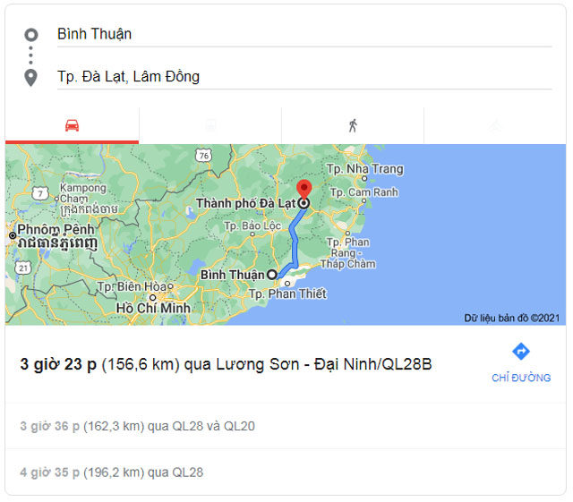 Từ Bình Thuận đi Đà Lạt bao nhiêu km