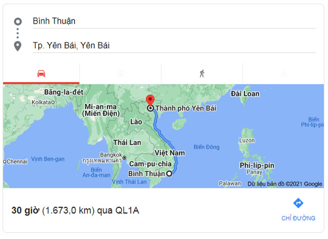 Từ Bình Thuận đi Yên Bái bao nhiêu km