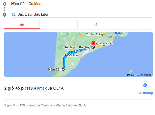 Từ Cà Mau đi Phước Long Bạc Liêu bao nhiêu km