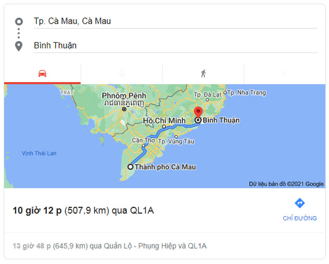 Từ Cà Mau đi Phan Thiết Bình Thuận bao nhiêu km