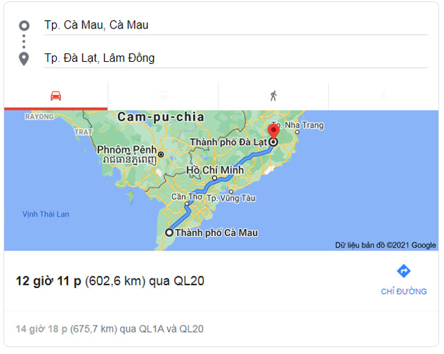Từ Cà Mau đi Đà Lạt Lâm Đồng bao nhiêu km