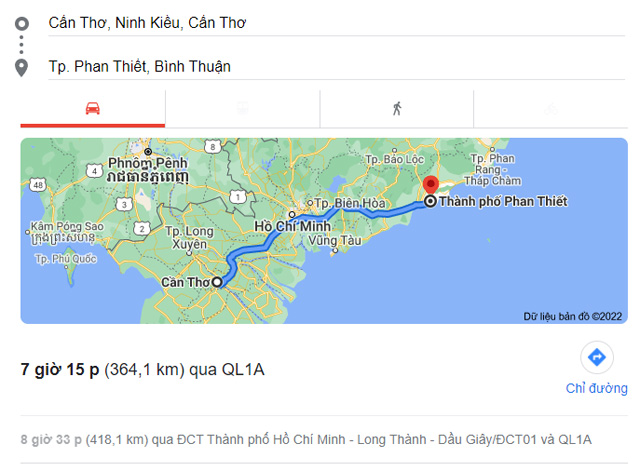 Từ Cần Thơ đi Bình Thuận bao nhiêu km, mất bao nhiêu tiếng