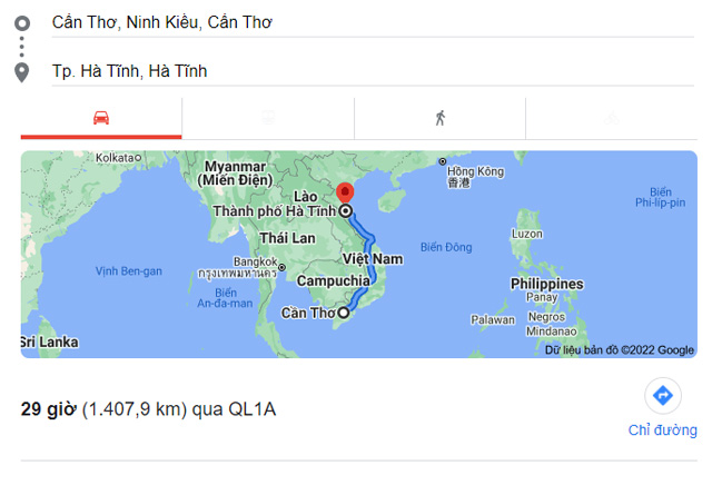 Từ Cần Thơ đi Hà Tĩnh bao nhiêu km