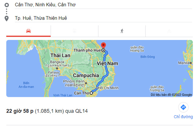 Từ Cần Thơ đi Huế bao nhiêu km