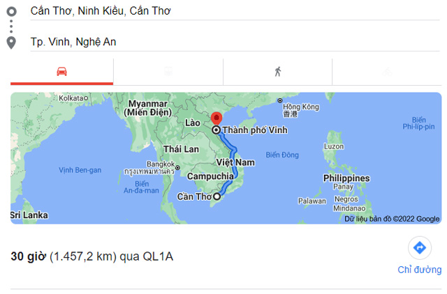 Từ Cần Thơ đi Vinh Nghệ An bao nhiêu km