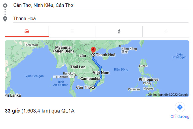 Từ Cần Thơ đi Thanh Hóa bao nhiêu km