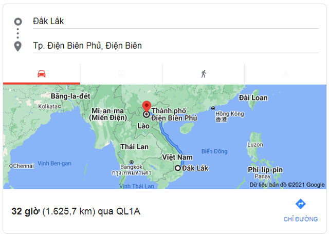 Từ Đắk Lắk đi Điện Biên bao nhiêu km