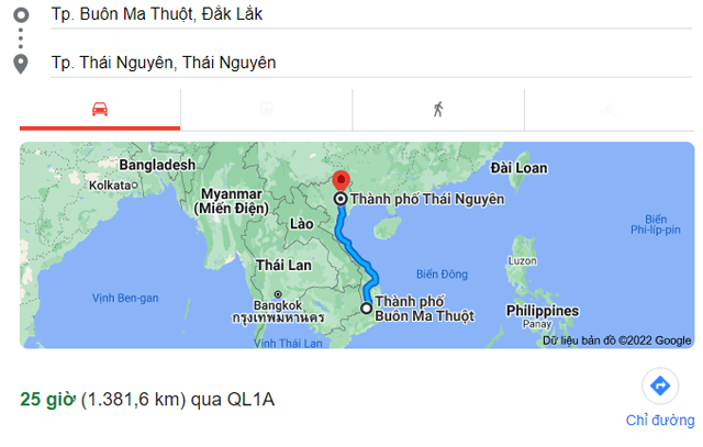 Từ Buôn Ma Thuột Đắk Lắk đi Thái Nguyên bao nhiêu km
