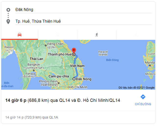 Từ Đắk Nông đi Huế bao nhiêu km