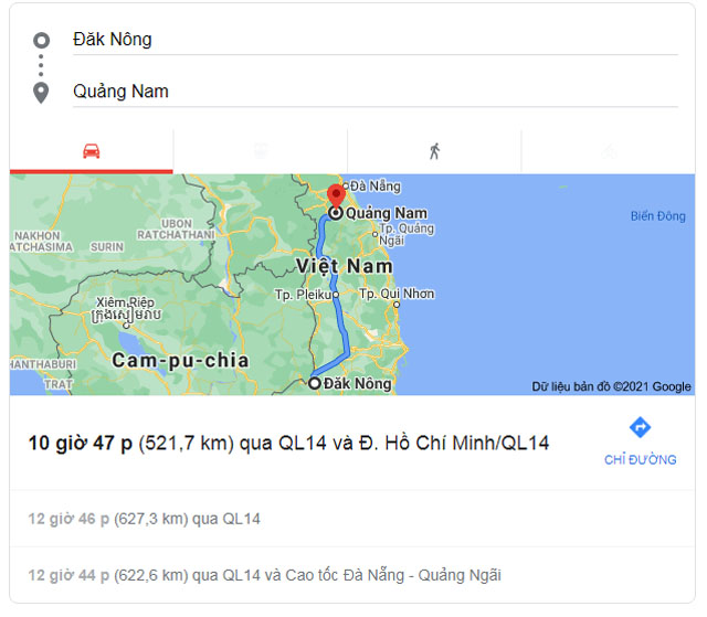 Từ Đắk Nông đi Quảng Nam bao nhiêu km