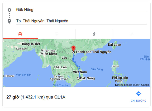 Từ Đắk Nông đi Thái Nguyên bao nhiêu km