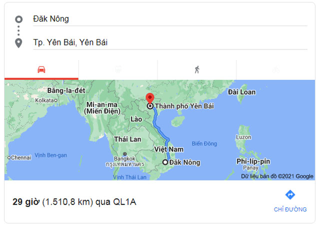 Từ Đắk Nông đi Yên Bái bao nhiêu km