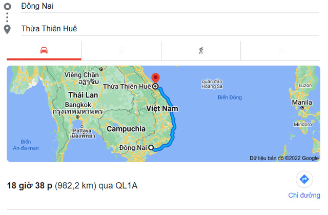 Từ Đồng Nai đi Thừa Thiên Huế bao nhiêu km