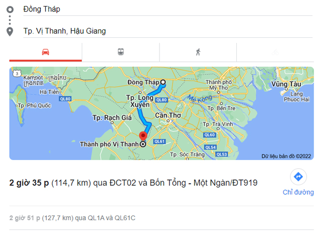 Từ Đồng Tháp đi Vị Thanh Hậu Giang bao nhiêu km