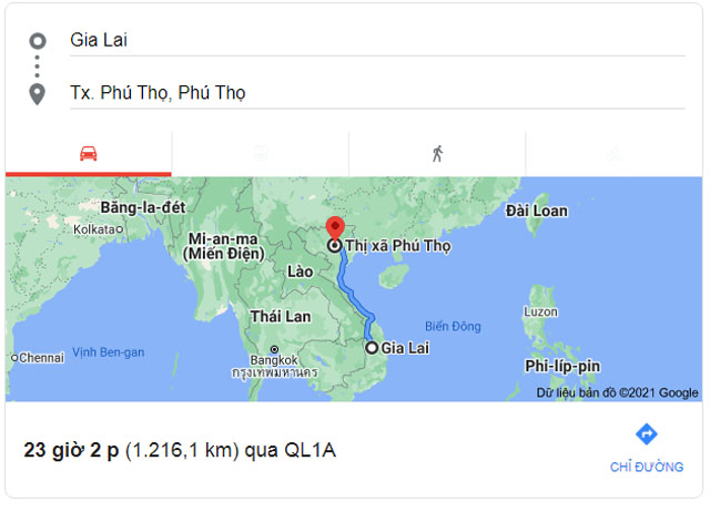 Từ Gia Lai đi Phú Thọ bao nhiêu km