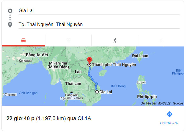 Từ Gia Lai đi Thái Nguyên bao nhiêu km
