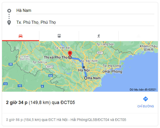 Từ Hà Nam đi Phú Thọ bao nhiêu km