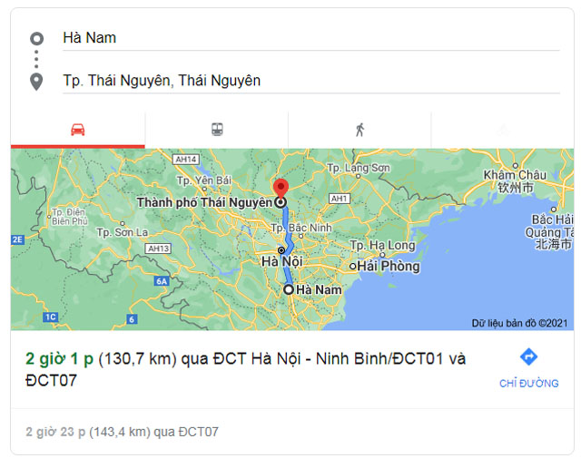 Từ Hà Nam đi Thái Nguyên bao nhiêu km