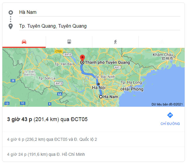 Từ Hà Nam đi Tuyên Quang bao nhiêu km