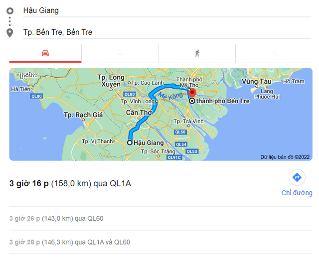 Từ Hậu Giang đi Thạnh Phú, Bình Đại, Ba Tri Bến Tre bao nhiêu km