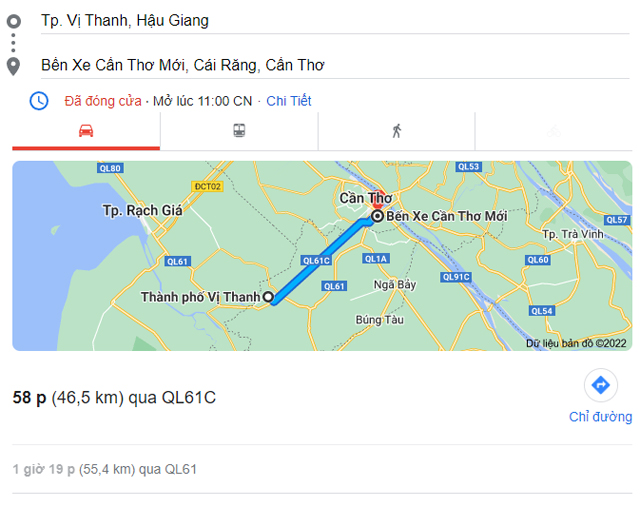 Từ Hậu Giang đi bến xe Cần Thơ bao nhiêu km