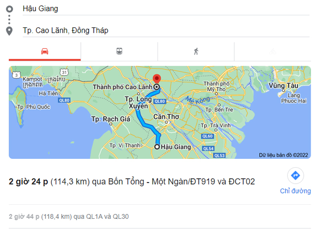 Từ Hậu Giang đi Cao Lãnh, Lai Vung Đồng Tháp bao nhiêu km