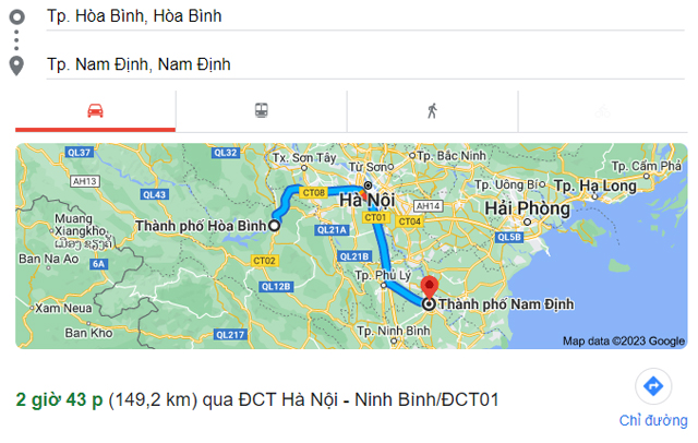 Từ Hòa Bình đi Nam Định bao nhiêu km, mất bao nhiêu giờ