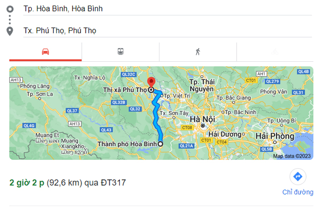 Từ Hòa Bình đi Phú Thọ bao nhiêu km, mất bao nhiêu giờ