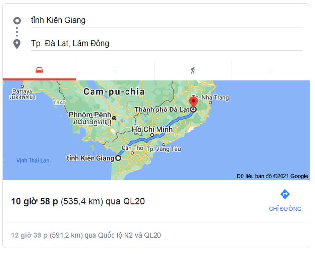 Từ Kiên Giang đi Đà Lạt bao nhiêu km