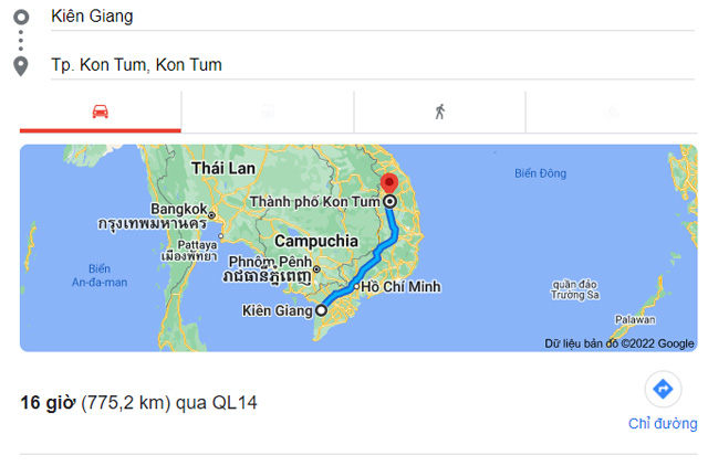 Từ Kiên Giang đi Kon Tum bao nhiêu km