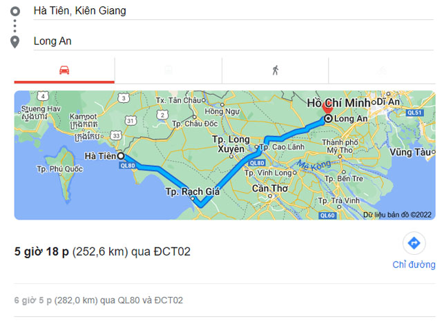 Từ Kiên Giang đi Long An bao nhiêu km