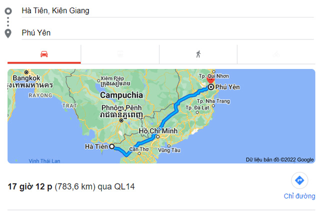 Từ Kiên Giang đi Tuy Hòa Phú Yên bao nhiêu km