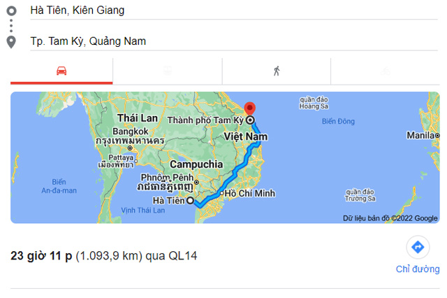 Từ Kiên Giang đi Tam Kỳ Quảng Nam bao nhiêu km
