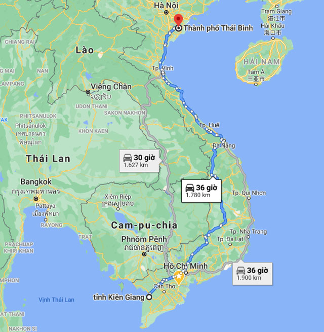 Từ Kiên Giang đi Thái Bình bao nhiêu km