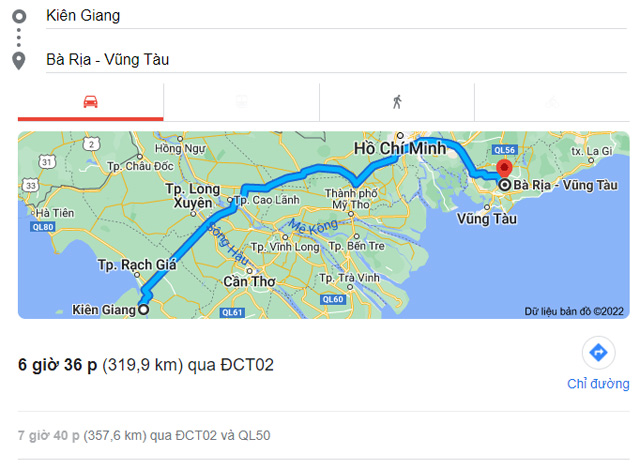 Từ Kiên Giang đi Bà Rịa Vũng Tàu bao nhiêu km