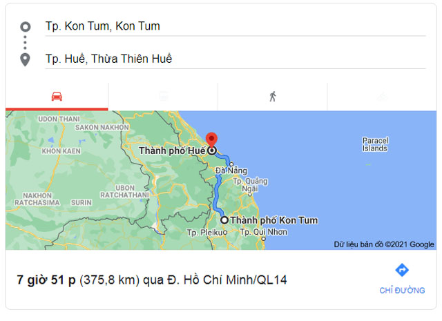 Từ Kon Tum đi Huế bao nhiêu km