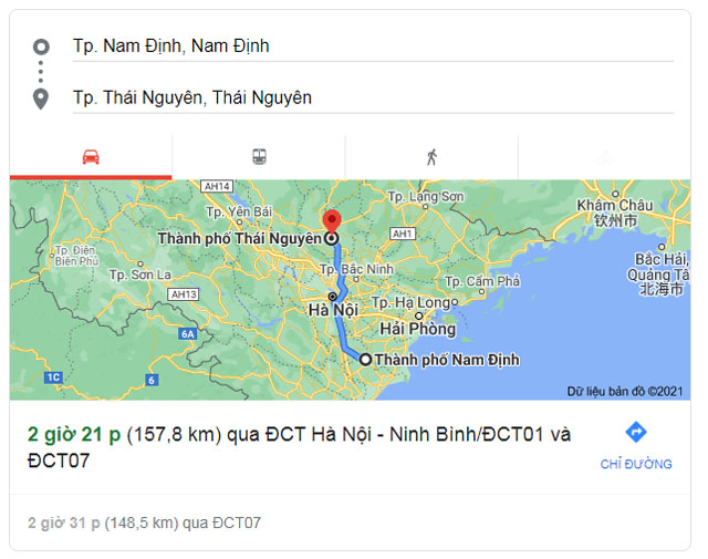 Từ Nam Định đi Thái Nguyên bao nhiêu km