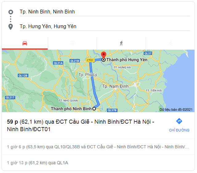 Từ Ninh Bình đi Hưng Yên bao nhiêu km