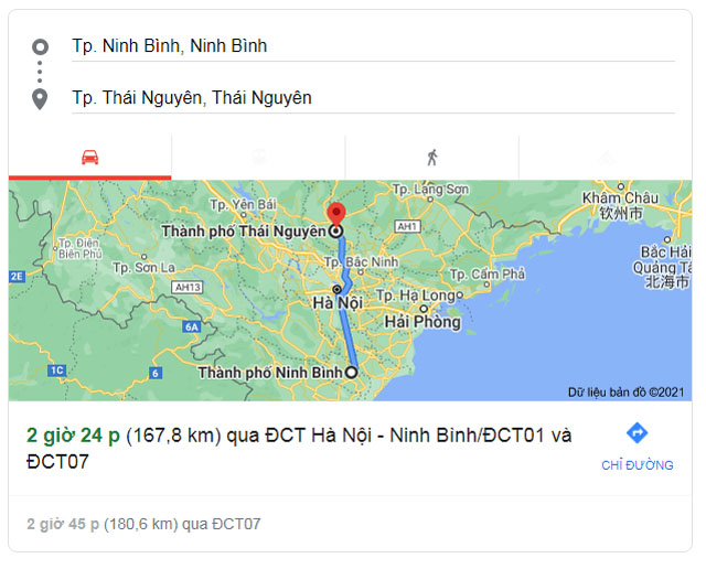 Từ Ninh Bình đi Thái Nguyên bao nhiêu km