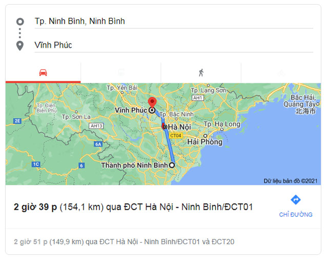 Từ Ninh Bình đi Vĩnh Phúc bao nhiêu km