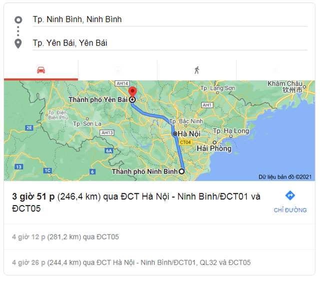 Từ Ninh Bình đi Yên Bái bao nhiêu km