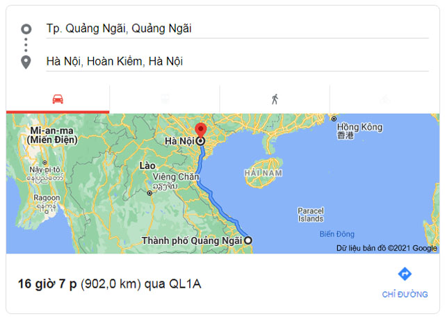 Từ Quảng Ngãi đi Hà Nội bao nhiêu km