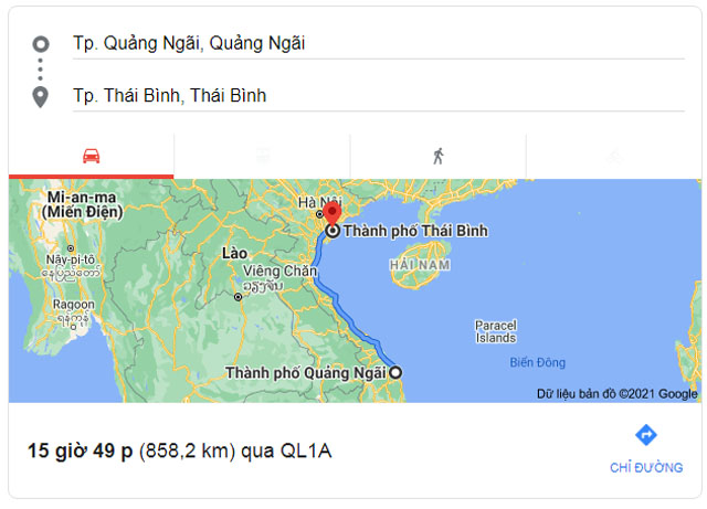 Từ Quảng Ngãi đi Thái Bình bao nhiêu km