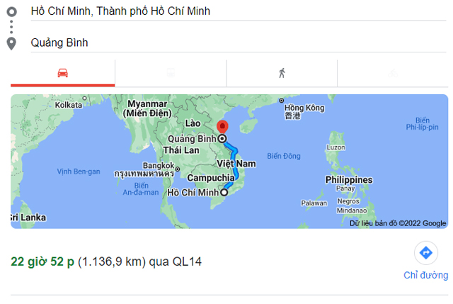 Từ Sài Gòn TPHCM đi Đồng Hới, Ba Đồn Quảng Bình bao nhiêu km