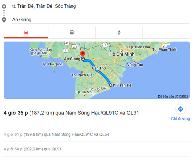 Từ Sóc Trăng đi Long Xuyên, Châu Đốc An Giang bao nhiêu km