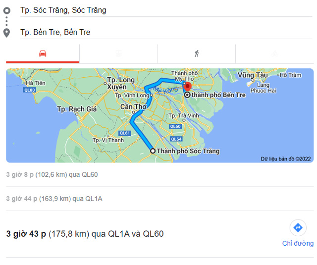 Từ Sóc Trăng đi Bến Tre bao nhiêu km