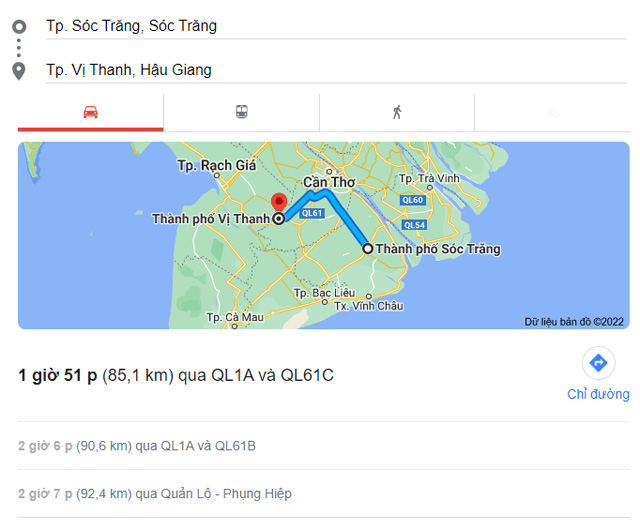 Từ Sóc Trăng đi Vị Thanh, Ngã Năm Hậu Giang bao nhiêu km