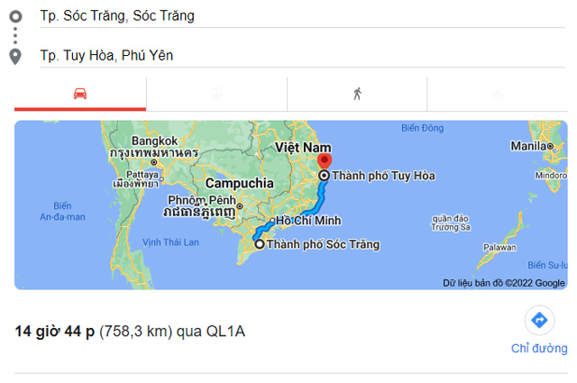 Từ Sóc Trăng đi Tuy Hòa Phú Yên bao nhiêu km