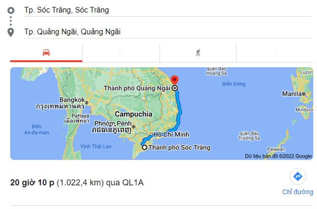 Từ Sóc Trăng đi Quảng Ngãi bao nhiêu km