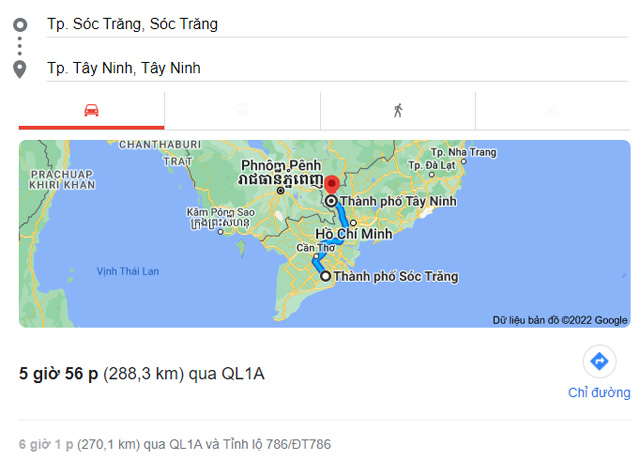 Từ Sóc Trăng đi Tân Châu, Hòa Thành Tây Ninh bao nhiêu km